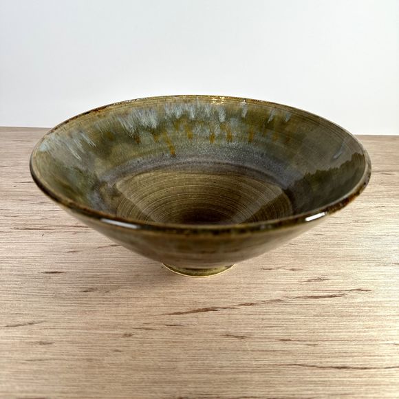 Ceramic Hand Thrown Studio Art Pottery Bowl Blue Gray Brown Artist Signed 9.25" - Picture 1 of 12
